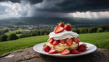Strawberry Shortcake With Dramatic Sky View photo