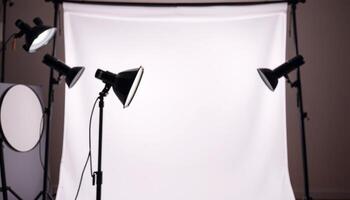 a photo studio with two lights and a white backdrop