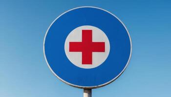 Medical Cross Sign on a Circular Blue Background Against a Clear Sky photo