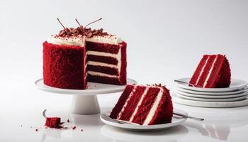 Red Velvet Cake with Cream Cheese Frosting on White Cake Stand photo