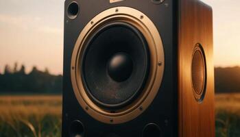 Close Up Of Wooden Speaker At Sunset In Field photo