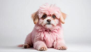 Fluffy Pink Dog Sitting Against Light Gray Background with Soft Shadows photo