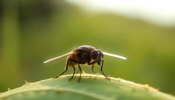 Closeup of a Fly on a Green Leaf in Sunlight photo