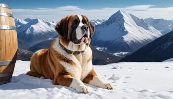 St Bernard Dog Relaxing In Snowy Mountains photo