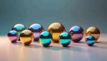 Group of Iridescent and Gold Metallic Spheres on Light Background photo