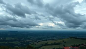 Dramatic Cloudy Sky Over Rolling Hills and Distant Town photo
