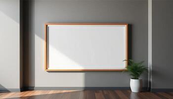 Empty Picture Frame On Gray Wall With Sunlight And Plant and Potted Plant photo
