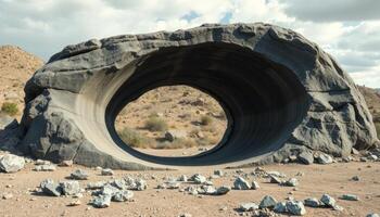 Dark Gray Volcanic Rock Formation Arch in Desert Landscape photo