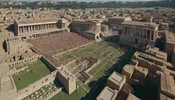 Aerial View of Ancient Roman Amphitheater Filled with Spectators photo