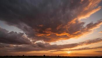 Dramatic Sunset Over Open Fields with Vibrant Orange and Purple Skies photo