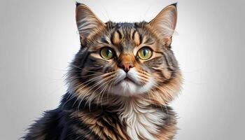 Close-Up Portrait of a Maine Cat with Striking Green Eyes on a Light Background photo