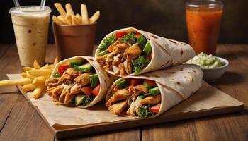 Delicious Chicken Wraps On Wooden Table With Fries And Drink photo