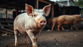 Close Up Pig Portrait On Farmland photo