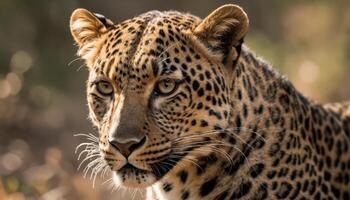Close-Up Portrait of a Majestic Leopard in Natural Habitat with Soft Warm Lighting photo