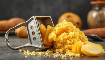 Grated Potatoes On Dark Countertop photo
