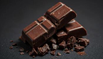 Dark Chocolate Bar Pieces on Black Background photo