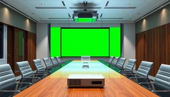 Empty Conference Room With Green Screen And Projector photo