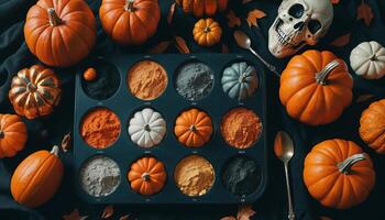 Halloween Pumpkins and Colorful Powders Still Life photo