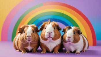 Three Guinea Pigs in Front of Rainbow Background photo