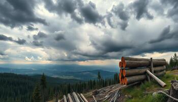 Dark Storm Clouds Over Mountain Landscape with Stacked Logs photo