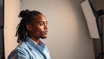 Thoughtful Young Man with Braids in Studio Portrait photo