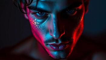 Close-Up Portrait Man with Glitter and Dramatic Lighting photo