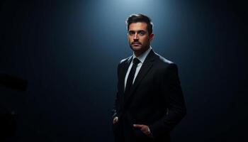 Confident Man in Black Suit Studio Portrait photo