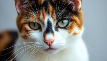 Close Up Calico Cat Portrait With Green Eyes photo