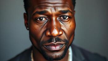 Close Up Portrait Of A Dark Skinned Man With Serious Expression photo