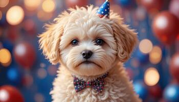 Adorable Cream-Colored Puppy in Festive Hat and Bow Tie photo
