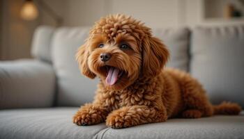 Adorable Brown Toy Poodle Puppy Relaxing on Gray Couch photo