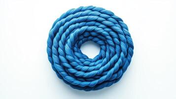 A circular coil of thick and textured blue rope is shown photo