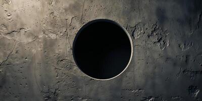 Hole in textured surface revealing dark background. photo