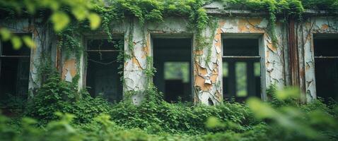 Decayed building facade covered in vegetation showing age and neglect. photo
