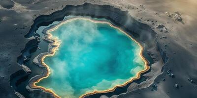 Aerial View of a Turquoise Geothermal Hot Spring Surrounded by Volcanic Rock. photo