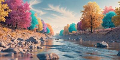 Flowing river surrounded by colorful trees and rocks in a serene landscape. photo