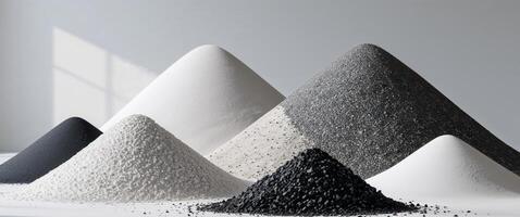 Tall mounds of sand gravel and crushed stone in white gray and black. photo