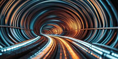 Expansive view of cables illuminated in a circular tunnel showcasing dramatic light contrasts. photo