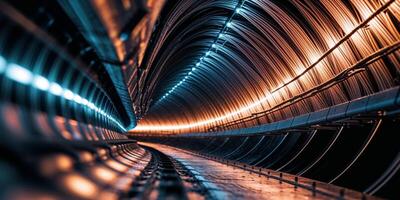 Expansive view of cables illuminated in a circular tunnel showcasing dramatic light contrasts photo