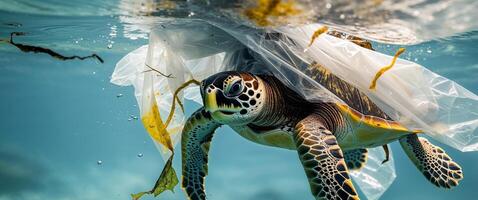 A turtle struggling with plastic wrapped around its body underwater. photo