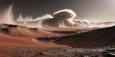Mars with dust storms and craters where the shadows of the craters cast long dark stretches across the landscape photo