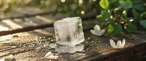 Crystal Clear Ice Cube Melting in Warm Natural Setting. photo