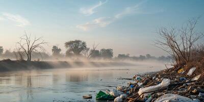 Impact of Pollution on River Ecosystems in Afternoon Light photo