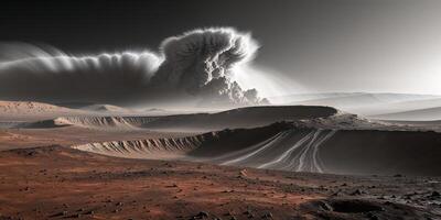 Mars with dust storms and craters where the shadows of the craters cast long dark stretches across the landscape. photo