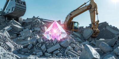 Mysterious glowing crystal embedded in rubble at a construction site with heavy machinery in the background. photo