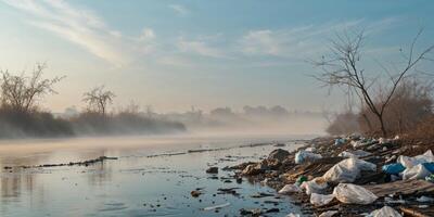 Impact of Pollution on River Ecosystems in Afternoon Light. photo