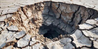 Deep Hole in Dry Cracked Ground Showing Texture and Soil Layers. photo