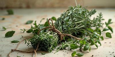 Fresh Herbs Tied in Rustic Bundle Bringing Natural Chaos to Life photo