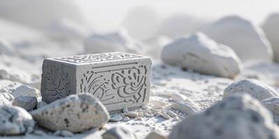 A white stone with a design on it sitting on top of rocks photo