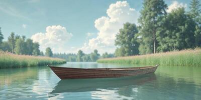 A boat is floating on the water in front of a forest photo